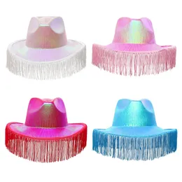 Breda randen hattar hink hattar neon glittrande glitter rymd cowboy hatt roligt metalliskt holografiskt parti disco klä upp cowboy hatt västerländsk fantasi frans cowboy hatt 231013