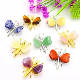 Decorative Figurines Natural Crystal Quartz Butterfly Fairy Dragonfly Carving Stone Crafts Metal Base Healing Mini Cute Decor Gemstone