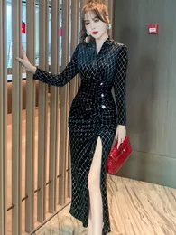 Basic Casual Dresses Autumn Winter Women Maxi Dress Elegant Vintage Plaid Velvet Notched Collor Long Sleeve Slim Slit Robe Party Office Vestido Mujer 2024