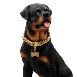 Ketten 14mm Cuban Link Hundehalsband Kettenhalsbänder Gold Starker Edelstahl Heimtierbedarf Zubehör KnochenanhängerKetten262H