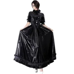 Casual Dresses Mens Sissy PVC Leather Women Short Puff Sleeve A-Line Long Dress Sexy WetLook Vestidos Exotic Slim PU Club WearCasu2296