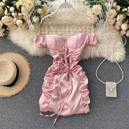 yuoomuoo ins 패션 섹시 미니 붕대 드레스 여자 여름 슬림 루치 클럽 드레스 외부 어깨 핑크 흰색 드레스 210304305b
