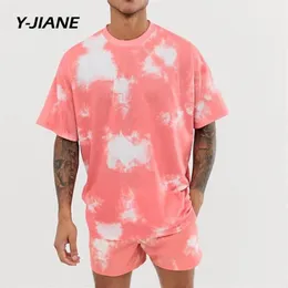 2 Pieces Sets Summer Tiedye Printing Tracksuit Men Casual Fashion Floral Print Shirts shorts Set Mens Beach Hawaiian Clothing#G3235A