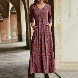 Sukienki swobodne jesienne wiosna bohemijska kobiety maxi przyczynowe v szyja długi rękaw vintage cygańska sukienka kobieta boho w stylu elegancki