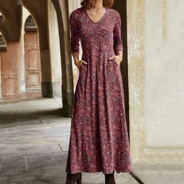 Abiti casual Autunno Primavera Bohemien Donna Maxi scollo a V causale Manica lunga Abito gypsy vintage Donna Stile Boho Elegante