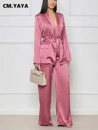 Kvinnor Tvåbitar byxor Cmyaya Kvinnor Fashion Satin Pyjamas Set Spring Summer Ins Straight Pants Suit och hackad nackskjorta Två 2 -stycken Set Outfit 231013