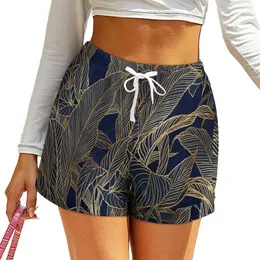 Damen-Shorts, Goldlaub, Pflanze, botanischer Druck, sexy Sommermuster, kurze Hosen mit Taschen, modische Böden, große Größe 2XL 3XL