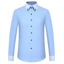 Camisas casuais masculinas camisa de manga comprida pescoço duplo cor sólida coreano negócios fino traje formal branco ropa roupas para homens