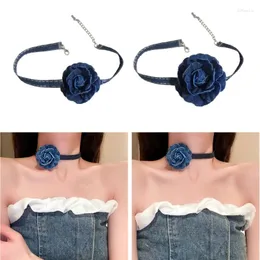 Hänge halsband stora blomma chokers halsband vintage nackkedja blå bred denim halsband uttalande smycken för kvinnor