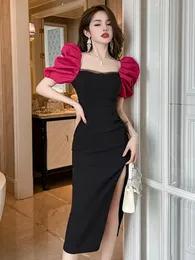 Basic Casual Dresses Summer Women Maxi Dress Elegant Korean Sweet Retro Black Rose Red Bubble Sleeve Split Long Robe Femme Party Vestidos Mujer 2024