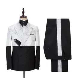 Erkekler Suits Blazers 2022 Benzersiz Tasarım Beyaz Desen Kostümü Homme Mens 2 PCS Groomsmen Düğün Smokin Terno Maskulino SLI1830