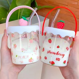 Wine Glasses Cute Strawberry Lidded Mug Capacity Transparent Retro With Straw Scale Handle Leak Proof Drinking Mugs