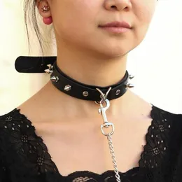 Chokers Sexy Rivet PU Leather Collar Lead Chain Towing Rope Bell Choker Slave Costume BDSM Bondage Necklace Neckband Sex Punk Goth259N