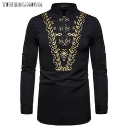 Afrykańska druk dashiki męski koszula Slim Long Rleeve Chemise Homme Ethnic Totem Design Design Mens Dress Shirts Wedding Party Camisas248o