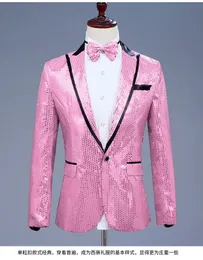 Men's Suits Blazers Pink Sequin One Button Dress Blazers Brand Nightclub Prom Men Suit Jacket Wedding Stage Singer Costume Bowtie Include 231013