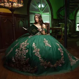 Emerald Green Sweetheart Appliques Quinceanera Dresses 3D Flower Beaded Ball Gown Off the Shoulder Vestidos De 15 Anos Sweet 16