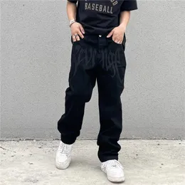 Herrbyxor emo mode svart streetwear broderade låg stigande baggy jeans byxor raka hiphop alt denim manliga kläder