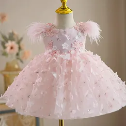 Wedding Party Flower Girl Dress Ball Gown Kids Pageant feather crystal butterfly appliques 3D florals little baby pink big bow Child birthday Bride Vestidos De Novia