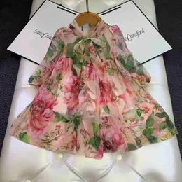 Брендовое дизайнерское платье для девочек, летнее детское платье с цветами, весенние детские платья с длинными рукавами и бантом для девочек, милая детская одежда, топы