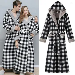 Kvinnors sömnkläder Autumn Winter Par Nightgown Printed Plaid Hooded Flanell Robe Contrast Sexig Bathrobe Men Thicked Warm