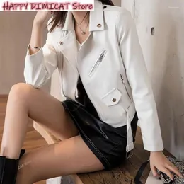Skórzana damska elegancka elegancka moda kółka koreańska swoboda, szczupła biała sztuczna kurtka Kobiet z paskiem krótki pu