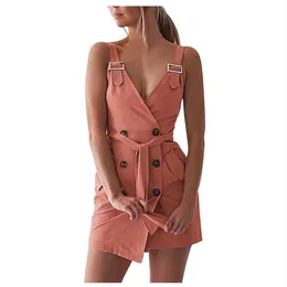 Sıradan Elbiseler Moda Yaz Elbisesi Kadınlar Kişel Camisole Mini Soild V-Yastık Düğmesi Frenulum Vestidos Mujer Verano318X