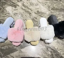 Designer-Fell-Hausschuhe für Damen, Wolle, Plateau-Slipper, Winter-warme Slipper, flauschige Mokassins, weiche Leder-Flip-Flops mit Box