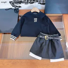 brand autumn Dress suits for Girls Size 100-150 CM 3pcs Thread cuffs round neck sweater and fake two piece short skirt and belt Sep10