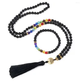 Hänge halsband mode 7 chakra 6/8mm natursten lava pärlhalsbandsbracelets set bohemian träd liv toassel halsband gåva smycken