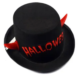 Party Hats Halloween Unisex Short Brim Fedora Hat Cute Ox Devil Horns Letters Panama Jazz Cosplay Party Costume Drop 231013