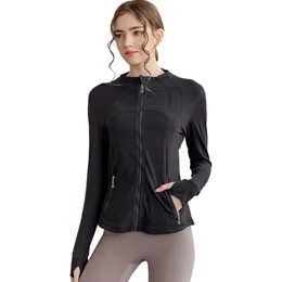 lu-001 Женская куртка облегающего кроя с длинным рукавом, повседневная, для занятий йогой, фитнесом, осенью, однотонная, дышащая, для тренировок, спортивное пальто, спортивная рубашка для бега, молния, нейлоновый облегающий топ