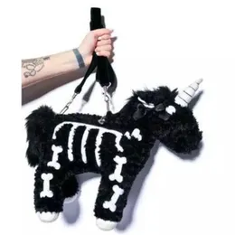 School Bags Halloween Punk Dark Skeleton Unicorn Stuffed Plush Doll Backpack Handbag Kawaii Parent-child Knapsack For Kids Gifts 231016