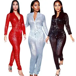 Feminino lantejoulas prata vermelho zip up alta espera faixas manga longa macacão bodycon sexy clássico playsuit S-3XL248C