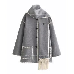 2023 Autumn/Winter Design Woolen Coat Tassel Scarf Loose Casual Versatile Jacket Coat Mid Length