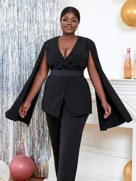 Women's Suits Women Elegant Black Blazer Sexy Deep V Neck Cloak Sleeve Cocktail Evening Party Jacket With Waist Belt Autumn 2023 Big Size