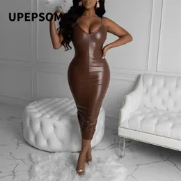 Casual Kleider UPEPSOM 2021 Mode Ärmelloses PU Leder Kleid Split Bodycon Sexy Nacht Club Party Midi Frauen Vestidos2280