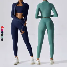 Long Pants Yoga Clothes Sleeve Crop Top Cross Back Bra 3 Piece Tracksuit Gym Fiess Sports Set For Women Lu Lememm Wokrout