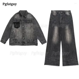 Erkeklerin izleri sıradan gevşek setler retro siyah uzun kollu denim ceket ve düz tüp kotları 2pcs set sonbahar m-5xl hip hop sokak kıyafetleri