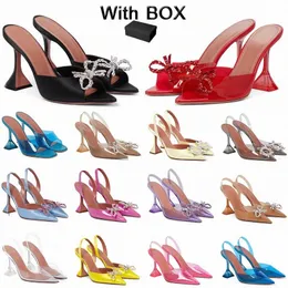 Amina Muaddi Rosie Sandals Crystal-Embellished Designer Dress Shoes Satin Pointed Slingbacks Bowtie Pumps Women's Luxury High Heeled Shoe 06F0＃