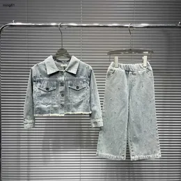 Brand Kids Denim dżinsy jesienne garnitury dla dziewczyn rozmiar 100-160 cm 2PCS Hot Diamond Polo Collar Juans i dżinsy z szerokimi nogami SEP10