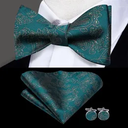 Bow Ties LH-2024 Hi-Tie Klasik Kelebek Self Tie Yeşil Erkekler için Pocket Square Cufflints Set Moda İpek Bowtie Set1236u