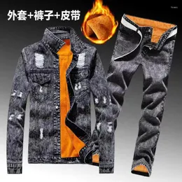 Men's Tracksuits Winter Men Fleece Lining Thick Warm Denim Two Piece Set Slim Fit Cowbody Jacket Jeans Suit Cargo Sets