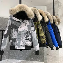 Designer canadense Mens piloto para baixo jaqueta real lobo pele com capuz lona parkas carta remendo quente grosso outwear mulheres inverno gansos jacke