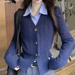 여자 니트 슬림 핏 스웨터 가디건 프레피 스타일 여성 니트 코트 2023 가을 겨울 니트 싱글 싱글 가슴 여자 솔리드 자켓