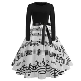 Casual Dresses Vintage Music Note Skriv ut lång ärm för kvinnor retro elegant en linje hög midja midi klänning med skärmar vestido de mu298p