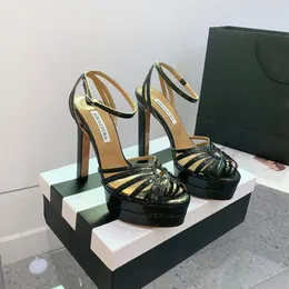 2024 Top Quality Aquazzura High-heel Ankle Strap Platform Heels Sandals Pumps 13mm Gold Sier Chunky Block Dress Designer Party Wedding Shoes with box