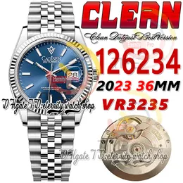 Clean CF 126234 VR3235, automatische Unisex-Uhr, Herren-Damenuhr, 36 mm, geriffeltes blaues Zifferblatt, Strichmarkierungen, 904L Jubileesteel-Armband, Super Edition Eternitywatches