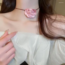 Girocollo francese vintage collana con ciondolo fiore rosa per donne ragazze stile scuro semplice creativo lungo nastro gioielli