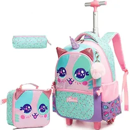 School Bags Unicorn Rolling Backpack for Girls Kids Backpack with Wheels Roller Backpack with Wheels Set for Students Carry on Luggage 231016
