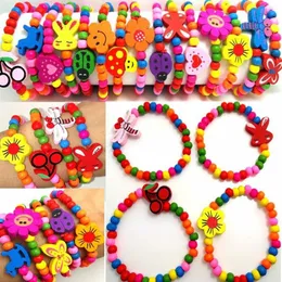 100pcs Girls Natural Wood Beaded Bracelets Styles Mix Children Wooden Wristbands Child Party Bag Fillers Birthday Gift Whole J271y